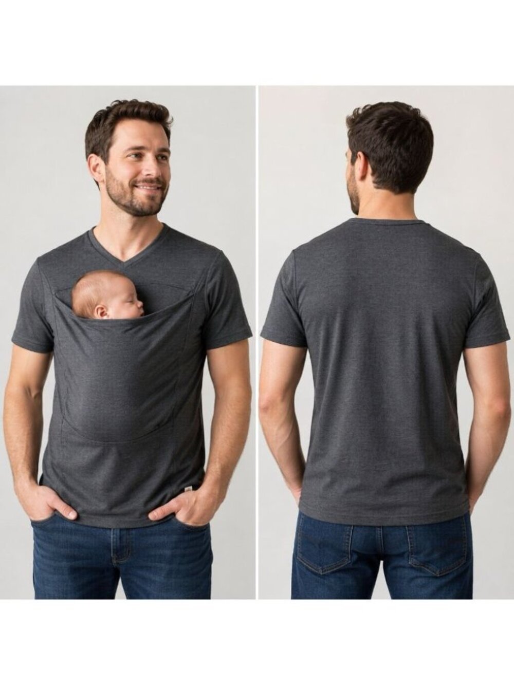 LALABU Gray Dad Bonding Shirt Baby Soother Stretch Pouch Carrier V Neck LARGE